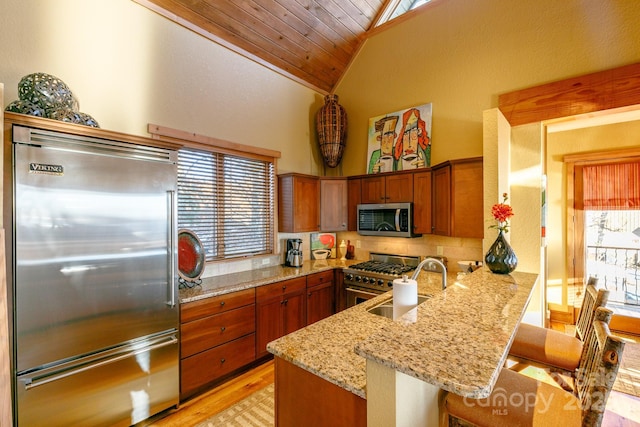 kitchen featuring a healthy amount of sunlight, a sink, a peninsula, and high quality appliances