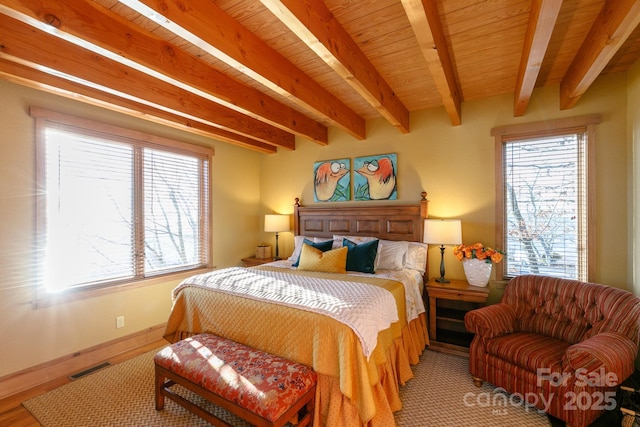 bedroom featuring beam ceiling, visible vents, wooden ceiling, and wood finished floors