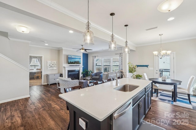 1426 Whitman Ct, York, SC 29745 - kitchen with dishwasher, a fireplace, a ceiling fan, dark wood-style flooring, and recessed lighting