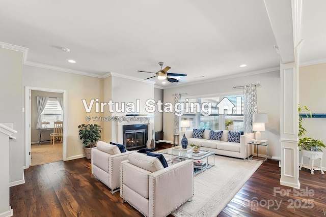 1426 Whitman Ct, York, SC 29745 - living area with healthy amount of natural light, a glass covered fireplace, dark wood-style flooring, ceiling fan, and recessed lighting