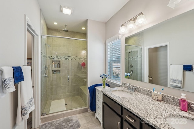 1426 Whitman Ct, York, SC 29745 - bathroom with double vanity, a shower stall, and tile patterned floors