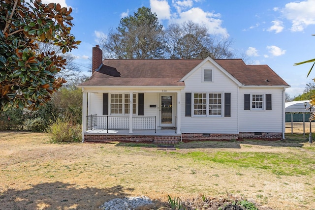 bungalow featuring a porch, crawl space, a chimney, and a front lawn