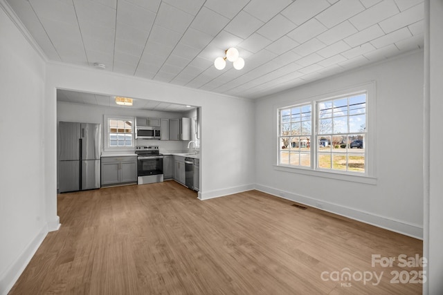 kitchen featuring light wood-style floors, visible vents, appliances with stainless steel finishes, and gray cabinets