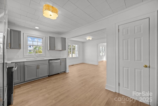 kitchen with light wood finished floors, light countertops, gray cabinetry, stainless steel dishwasher, and a sink