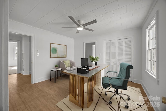 home office with plenty of natural light, light wood-style flooring, and baseboards