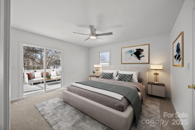 bedroom with carpet floors, access to outside, and ceiling fan