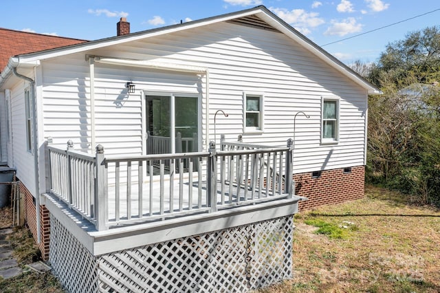 back of property with crawl space and a wooden deck