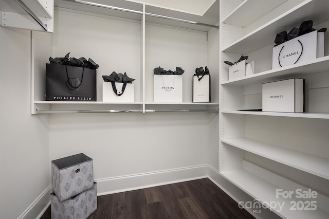 spacious closet with dark wood-style flooring