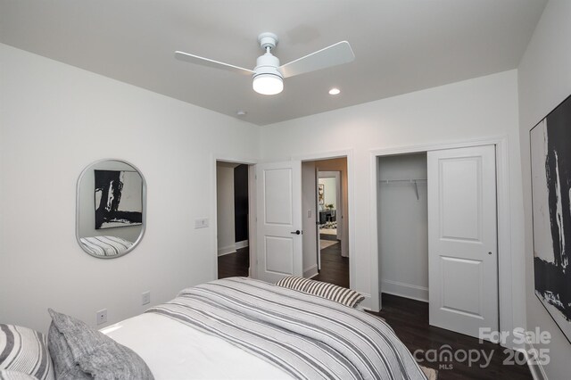 bedroom featuring ceiling fan, dark wood-style flooring, a closet, and recessed lighting