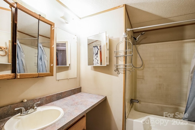 full bathroom with shower / bath combo with shower curtain and vanity