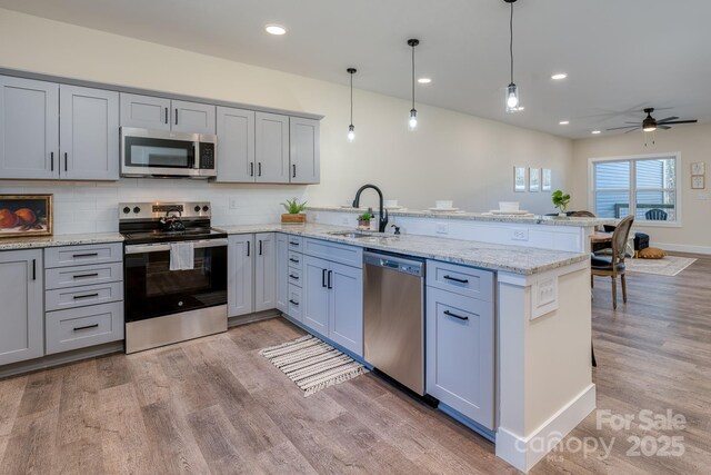 143 Carver St Unit 16, Brevard, NC 28712 - kitchen featuring stainless steel appliances, a sink, a peninsula, gray cabinetry, and light wood-style floors