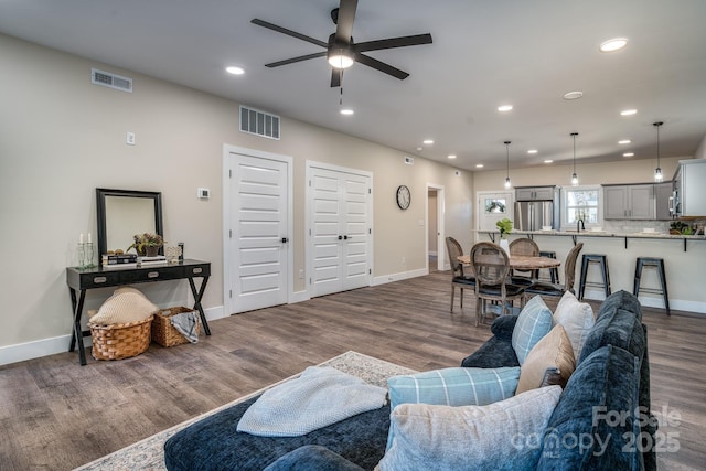 143 Carver St Unit 16, Brevard, NC 28712 - living area with recessed lighting, ceiling fan, dark wood finished floors, and baseboards