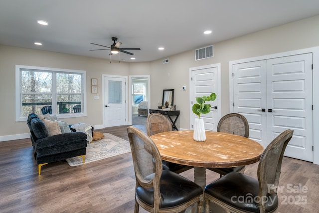 143 Carver St Unit 16, Brevard, NC 28712 - dining room with ceiling fan, dark wood-style floors, recessed lighting, and baseboards