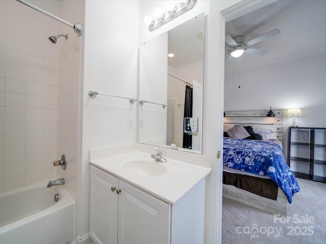 full bath featuring shower / bathtub combination with curtain, ceiling fan, vanity, and ensuite bath