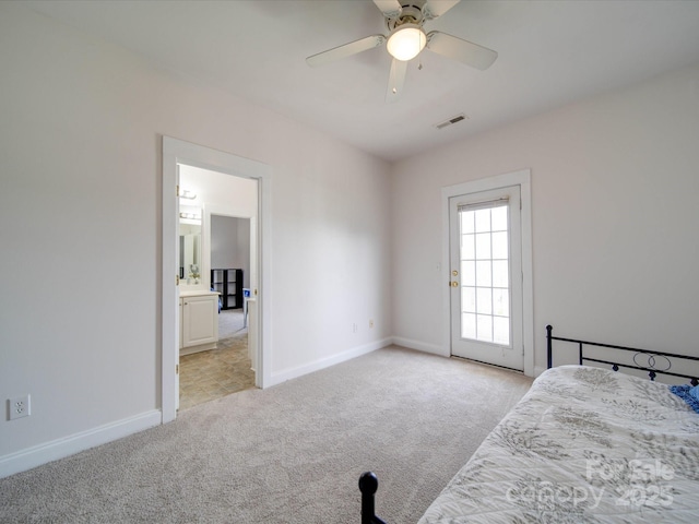 bedroom featuring a ceiling fan, light colored carpet, visible vents, and baseboards