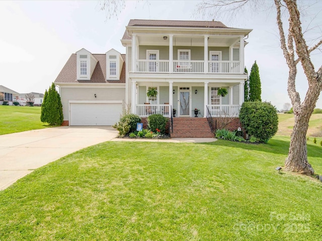 view of front of house with driveway, a balcony, an attached garage, a porch, and a front yard