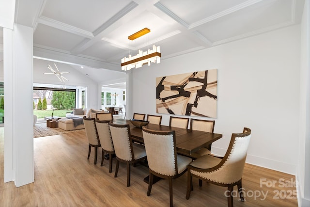 dining area with light wood finished floors, a chandelier, coffered ceiling, beamed ceiling, and baseboards