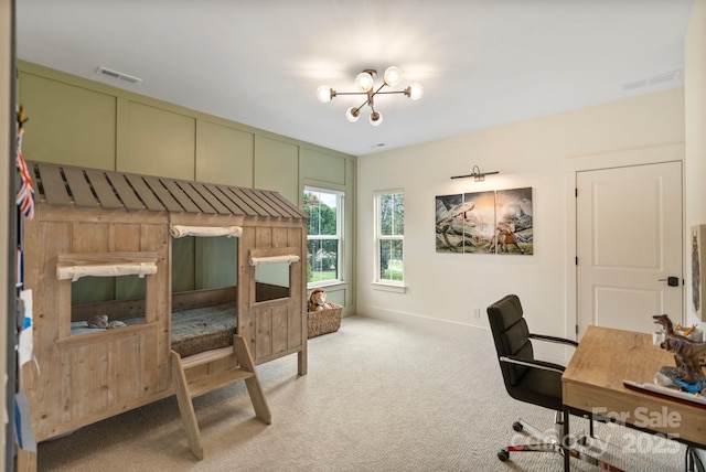 bedroom with a chandelier, light carpet, visible vents, and baseboards