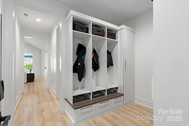 16112 Terry Ln, Huntersville, NC 28078 - mudroom with light wood finished floors, recessed lighting, visible vents, and lofted ceiling