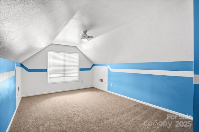 additional living space with lofted ceiling, baseboards, carpet floors, and a textured ceiling