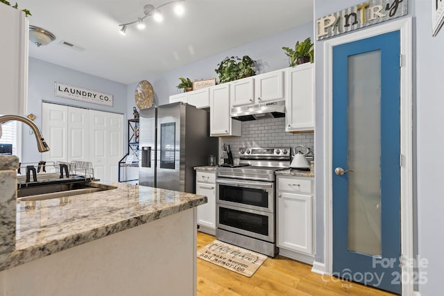 kitchen featuring a sink, stainless steel appliances, under cabinet range hood, white cabinetry, and backsplash