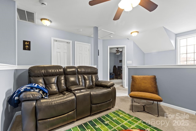 home theater with a ceiling fan, baseboards, visible vents, and carpet flooring