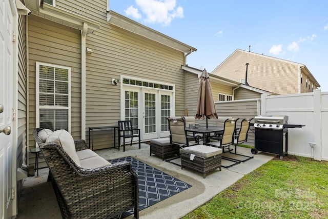 view of patio featuring french doors, an outdoor hangout area, outdoor dining space, a grill, and fence