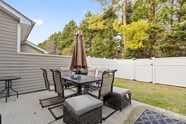 view of patio / terrace with a fenced backyard and outdoor dining space