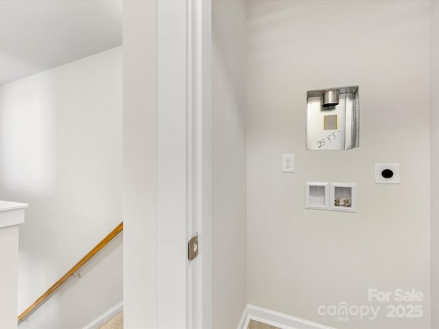 clothes washing area featuring washer hookup, laundry area, hookup for an electric dryer, and baseboards