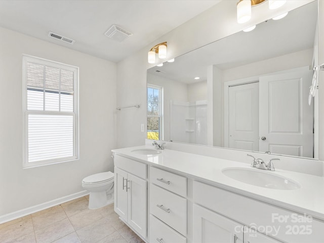 full bathroom with visible vents, a sink, toilet, and double vanity