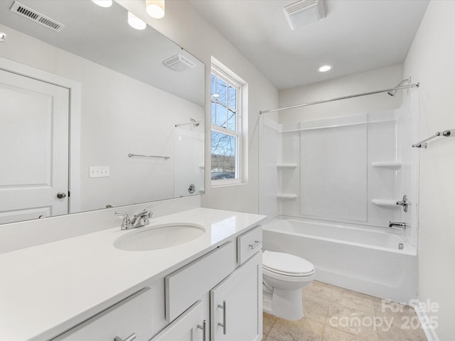 full bathroom featuring toilet,  shower combination, vanity, and visible vents