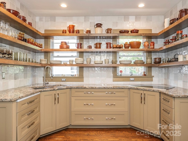 kitchen featuring a sink, decorative backsplash, open shelves, and a wealth of natural light