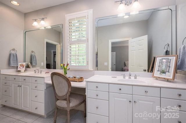 full bath featuring recessed lighting, tile patterned flooring, and vanity