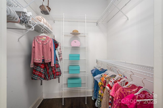 walk in closet with wood finished floors