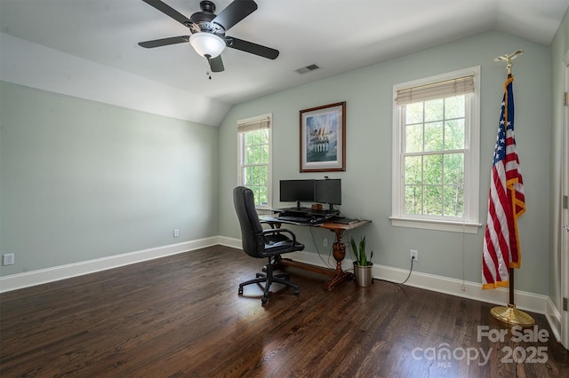 office area with lofted ceiling, wood finished floors, visible vents, and ceiling fan