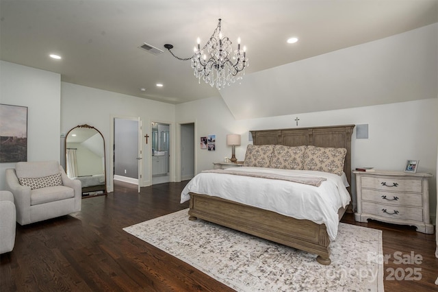 bedroom with dark wood-style floors, a notable chandelier, visible vents, and recessed lighting