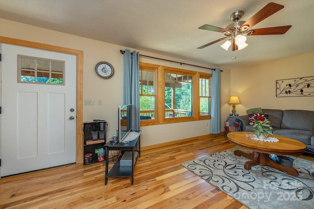 living room featuring a ceiling fan and light wood finished floors