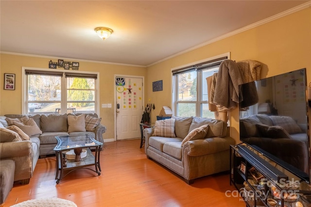 living area with ornamental molding, baseboards, and wood finished floors