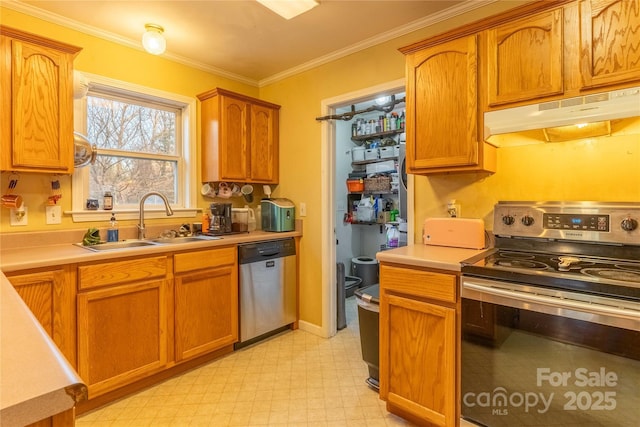 kitchen featuring stainless steel appliances, a sink, light countertops, and under cabinet range hood