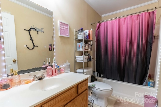 full bathroom with toilet, ornamental molding, shower / bath combo with shower curtain, and vanity