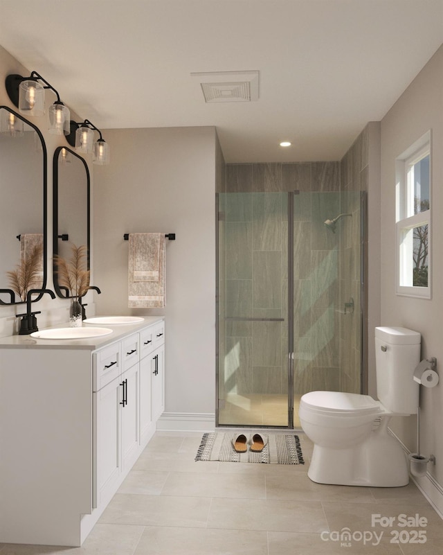 bathroom with visible vents, baseboards, toilet, vanity, and a shower stall