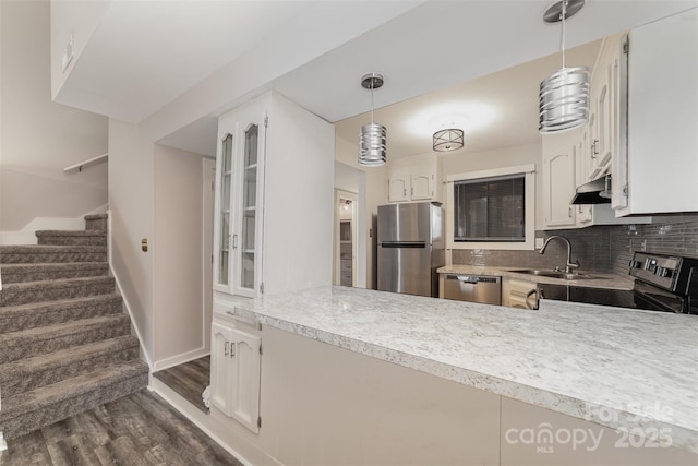 kitchen featuring under cabinet range hood, stainless steel appliances, a sink, decorative backsplash, and dark wood-style floors