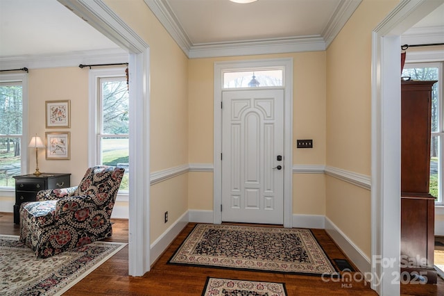 entrance foyer with crown molding, plenty of natural light, baseboards, and wood finished floors