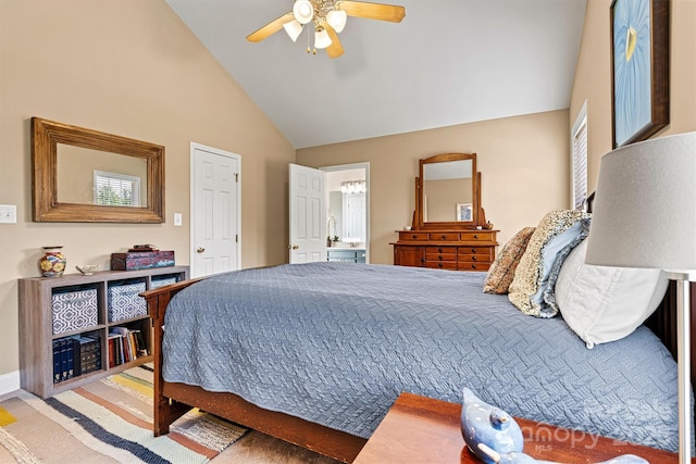 bedroom with high vaulted ceiling and a ceiling fan