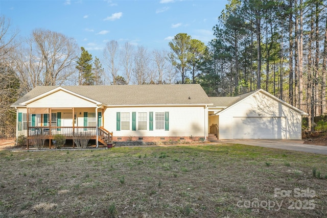 view of front of home with covered porch, crawl space, a garage, driveway, and a front lawn