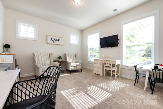 interior space featuring carpet, visible vents, and baseboards