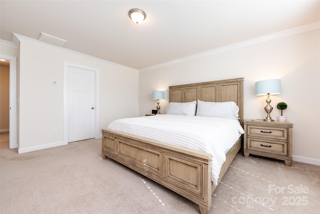 bedroom with ornamental molding, light colored carpet, and baseboards