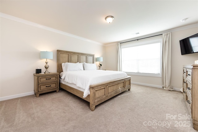 bedroom featuring light carpet, crown molding, visible vents, and baseboards