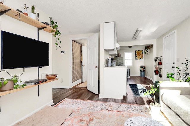 living area with dark wood-type flooring, a textured ceiling, and baseboards