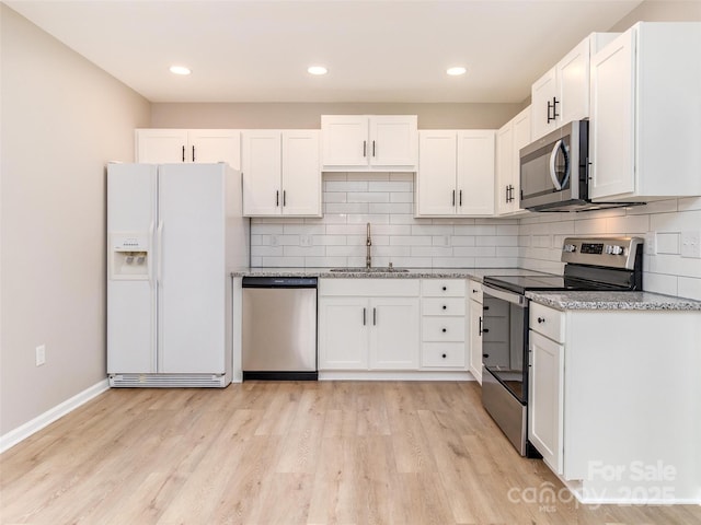 kitchen featuring a sink, white cabinetry, appliances with stainless steel finishes, light wood-type flooring, and backsplash